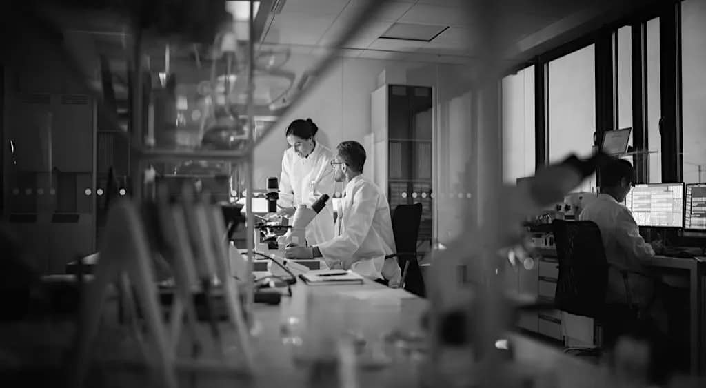 scientist-working-in-a-lab-at-night-from-chemistry-world-black-&-white