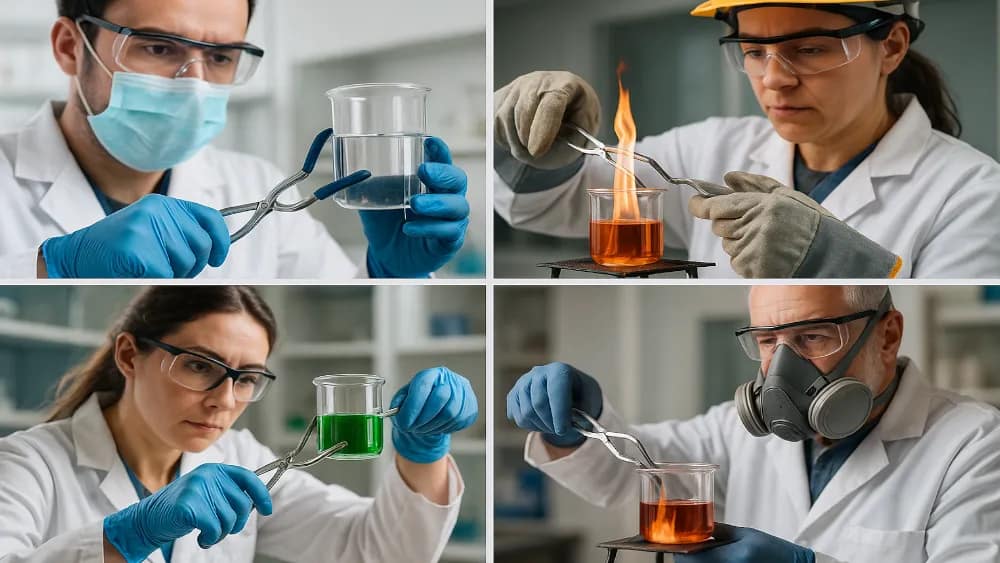 collage-of-scientists-using-beaker-tongs-in-different-safety-protocols-in-different-circumstances---safety-protocols-and-best-practices