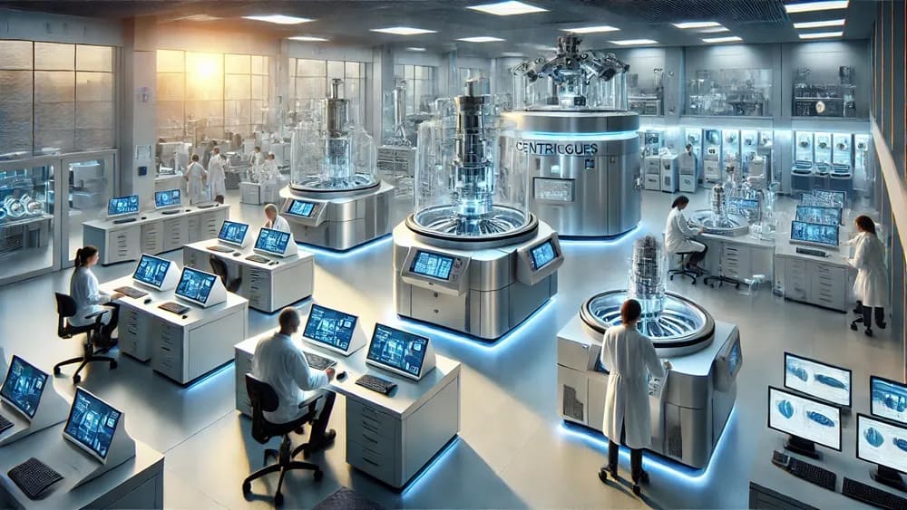 scientists-working-in-a-lab-full-of-centrifuges---conclusion centrifuges-as-indispensable-tools-in-2025