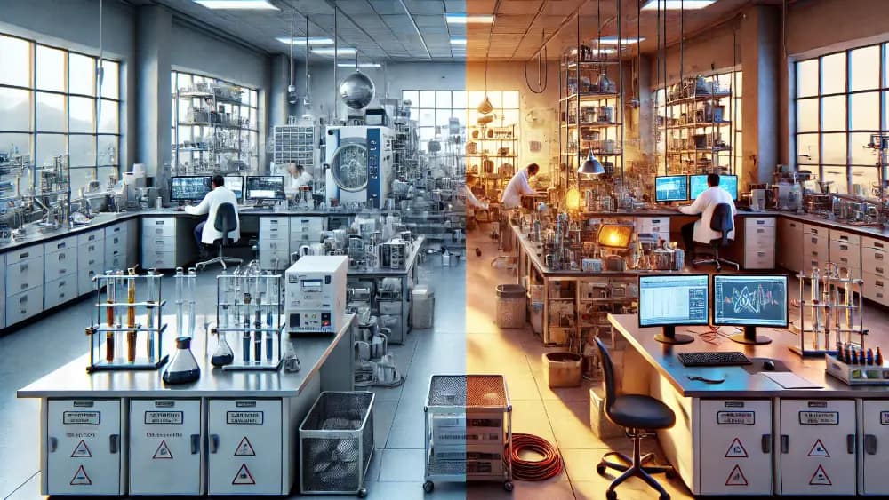 split-scene-visuals-showing-both-the-practical-side-and-the-challenges-of-working-in-a-modern-lab---practical-considerations-and-challenges