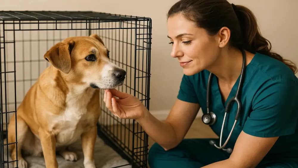 a-female-veterinarian-taking-care-of-a-dog-inside-of-a-crate---understanding-why-your-dog-needs-a-crate
