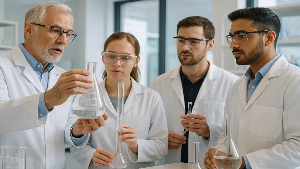 scientists-in-a-modern-lab-teaching-trainee-scientists-about-the-different-types-of-glassware---teaching-others--passing-on-glassware-wisdom