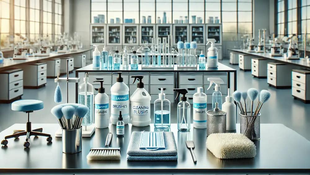 different-lab-cleaning-equipment-arranged-neatly-on-a-table-inside-a-pristine-lab---essential-cleaning-tools-and-supplies