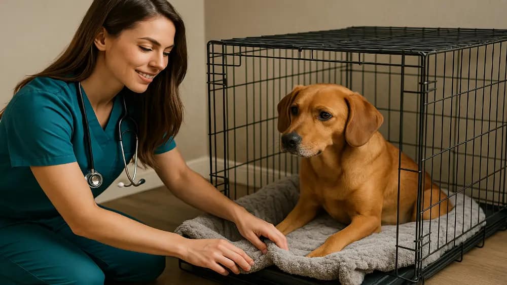 an-attractive-female-veterinarian-making-a-dog-crate-comfortable-for-a-dog---making-your-dogs-crate-comfortable