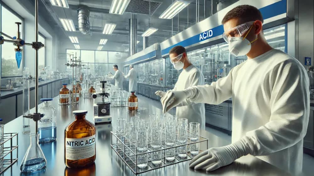 Scientists cleaning glassware with nitric acid in a modern lab setting (How To Clean Glassware With Nitric Acid) scientists-cleaning-glassware-with-nitric-acid-in-a-modern-lab-setting---how-to-clean-glassware-with-nitric-acid