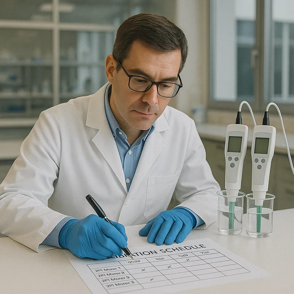 a-scientist-making-a-calibration-schedule-for-ph-meters---calibration-frequency---set-a-policy