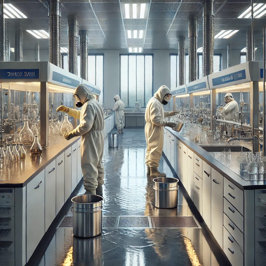 a-modern-laboratory-where-scientists-in-hazmat-suits-are-rinsing-glassware-with-water-after-cleaning-with-nitric-acid---why-rinsing-with-nitric-acid-is-essential-for-clean-glassware