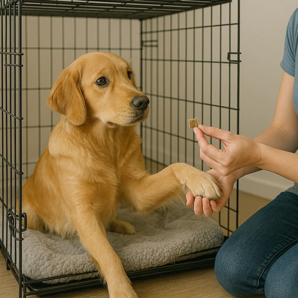 a-female-veterinarian-using-risk-and-reward-tricks-to-train-a-dog---crate-training-tips-and-best-practices