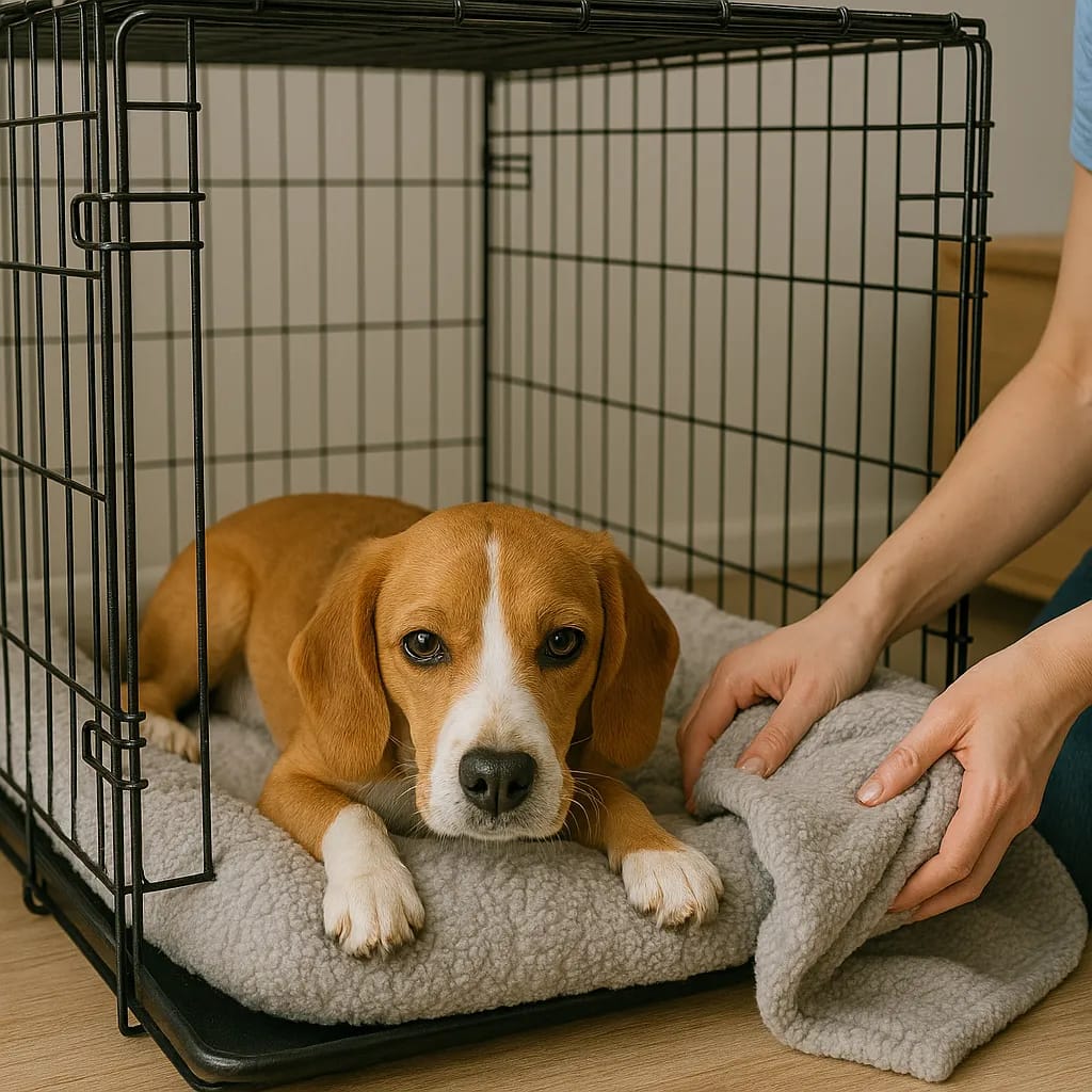 a-female-veterinarian-making-a-dog-comfortable---making-your-dogs-crate-comfortable