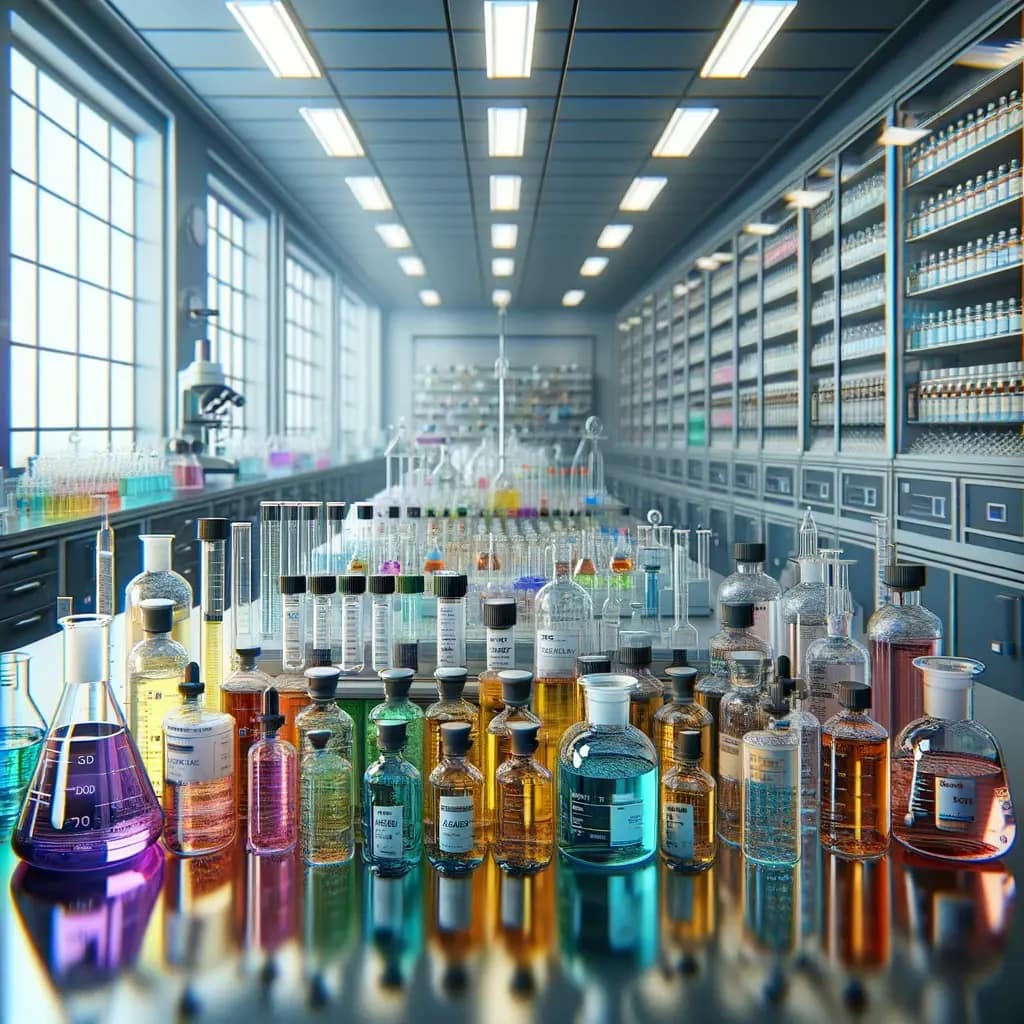 a-selection-of-high-quality-chemicals-and-reagents-inside-a-pristine-laboratory---high-quality-chemicals-and-reagents