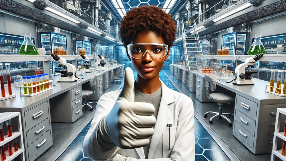 an-african-american-female-scientist-giving-a-thumbs-up-in-a-state-of-the-art-laboratory---our-commitment-to-customer-satisfaction