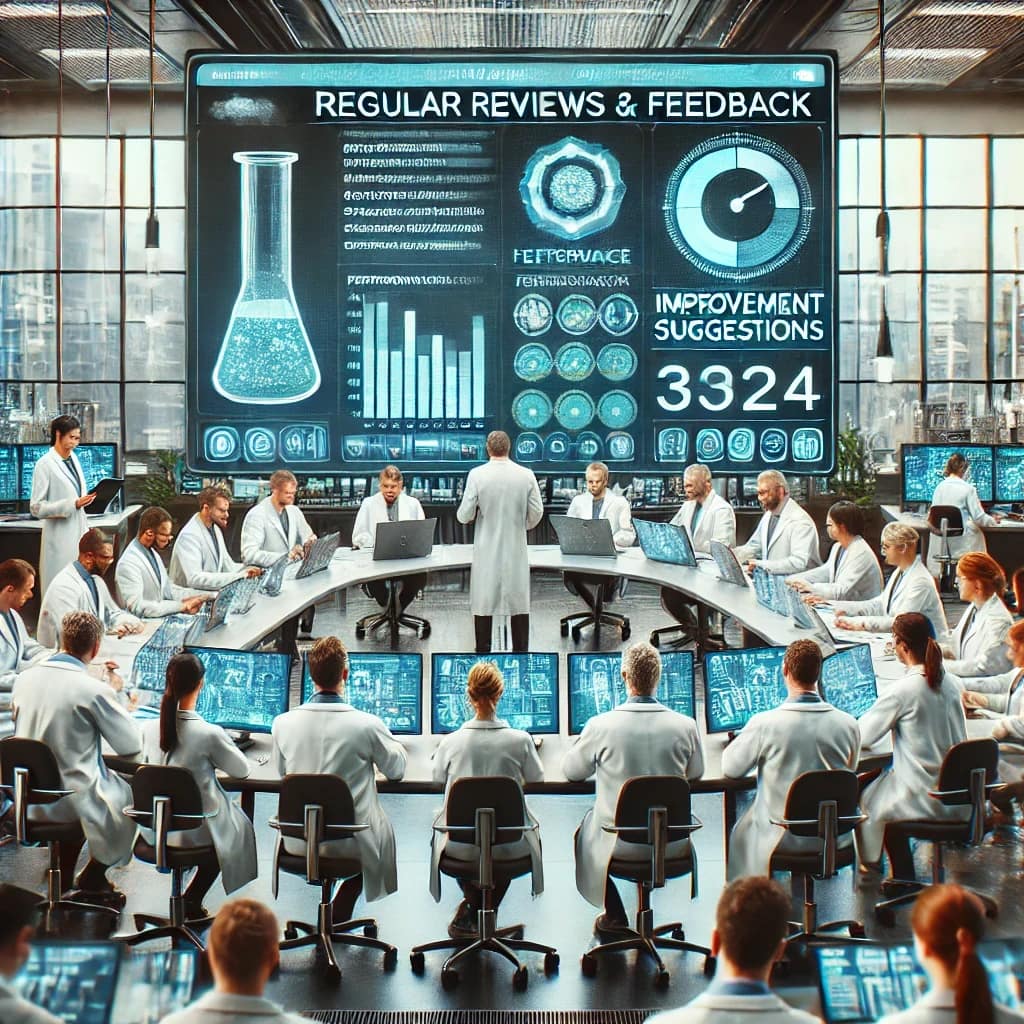 scientists-engaged-in-a-review-meeting-around-a-digital-display-showing-performance-metrics---regular-reviews-and-feedback-mechanisms