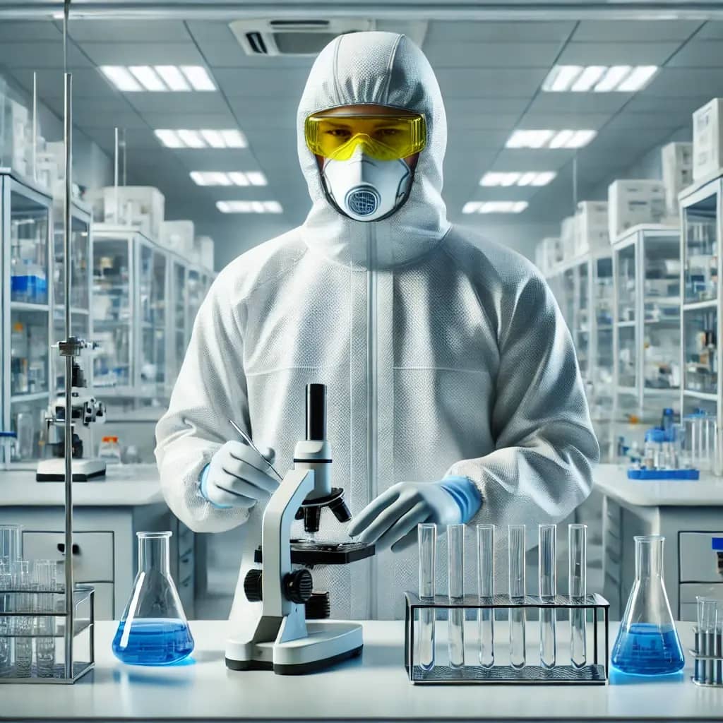a-scientist-wearing-personal-protective-equipment-ppe-inside-a-pristine-laboratory---protective-gear-and-safety-equipment